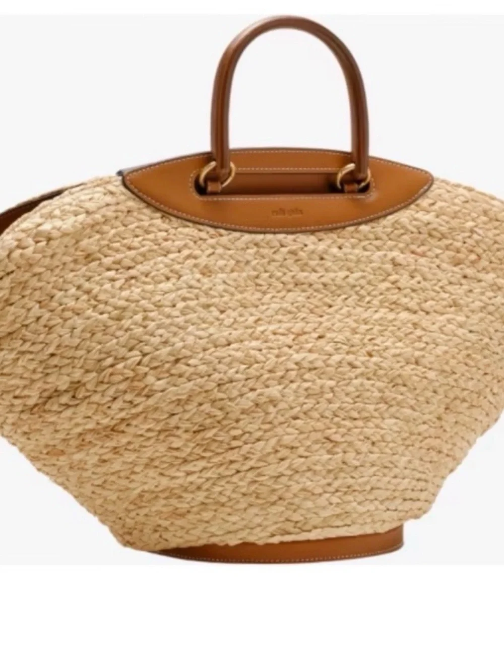 Cult Gaia Woven Straw Tote Bag with Brown Leather Trim - Picture 1 of 6